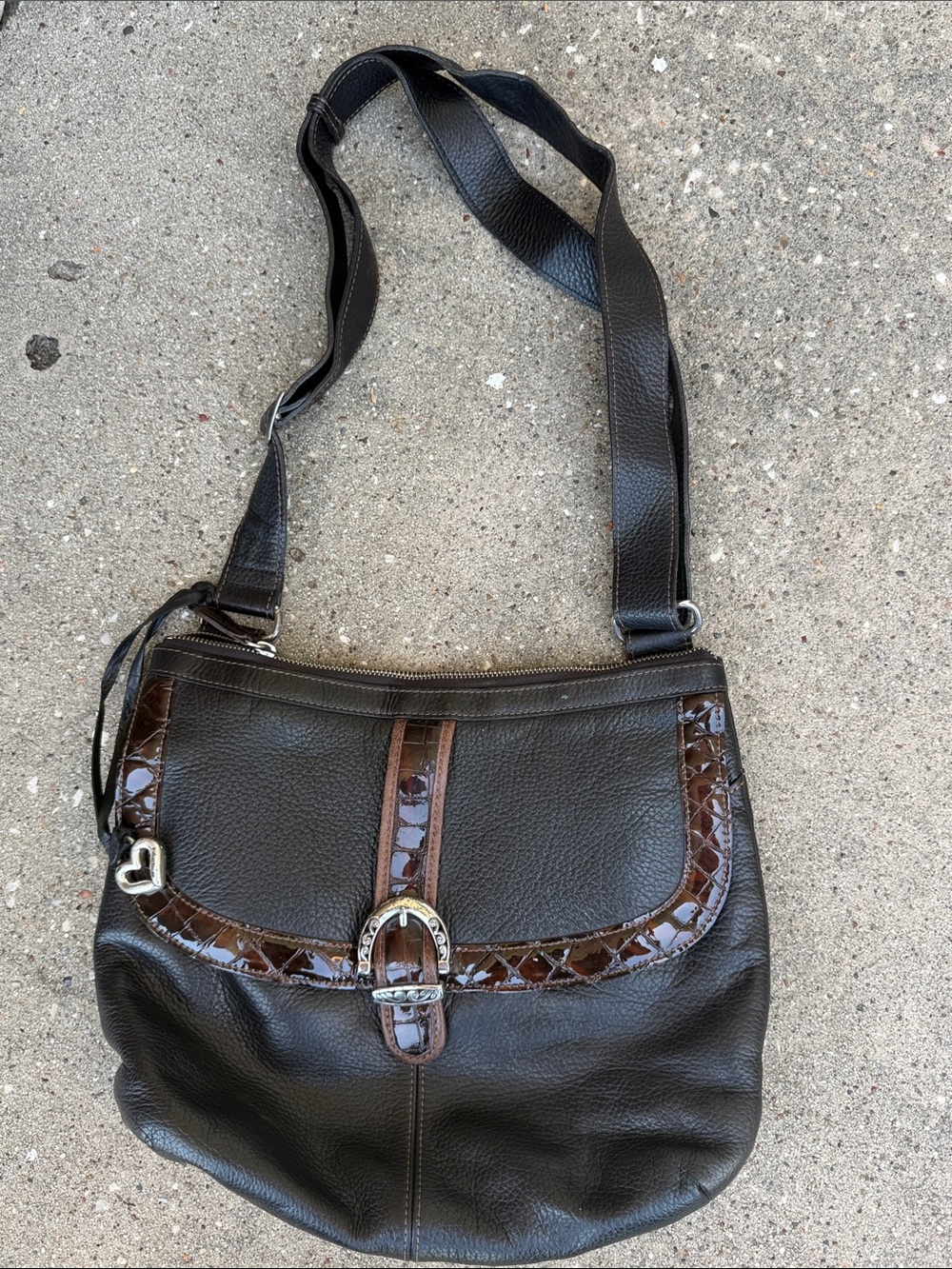 Brighton Classic Black Leather Crossbody Bag with Brown Trim